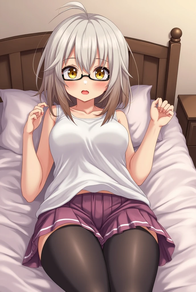 beat quality,best resolution,(fluffy anthro furry :1.3),(young :1.6),cat girl,red eyes,glistering eyes,glowing eyes,white hair,long hair,wavy hair,spread hair,beige fur,glasses,cute bra,cute pantie,thong,lie in bed,sexy light,night,room is so dark,light and shadow,show bare foot to viewer,sweating,foot steam,full gace blush,looking at viewer,horny face,drool,close eyes,smile,front view,heavy breath,heart eyes,heart expression eyes,high angle,raise up legs,very hot,sweating,steam aroumd girl