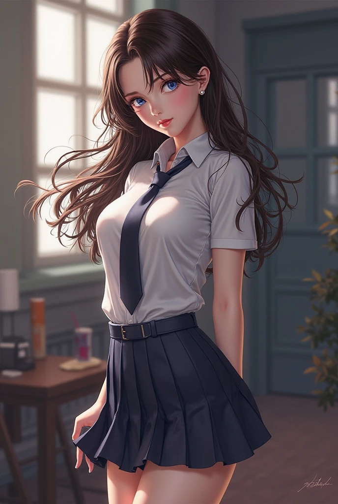 (Masterpiece: 1.3), (Maximum resolution: 1.2), (Ultra HDTV: 1.2), Cinema light, Ultra HDTV, (Detailed eyes and skin), (Detailed facial features), HDR, 8k resolution, Sharp Focus: 1.2, Perfect style, beautiful face, Perfect body, accurate, anatomically correct, highly detailed face and skin texture, detailed eyes, Dark-blue eyes, double eyelids, thin eyebrows, glitter eyeliner: 1.2, natural cheeks, glossy skin, fair skin: 1.2, shiny little necklace and earrings, (glossy lips: 1.4), BREAK, first-person-view, (she is very Cute high school student), (Wearing a Button up shirt, pleated mini skirt, Navy tie, high socks), (seductive smile: 1.2), ((Innocent and Cute girl:1.3)), (side-Ponytail Hairstyle, wavy hair), (Light-brown hair:1.2), medium long hair, (Cowboy shot: 1.2), BREAK, ((Very intimate relationships: 1.2)), medium large breasts, ((Looking back at viewer:1.2)), ((Lift the shirt at the chest:1.6)), ((In the school changing room:1.2)), (from side:1.2),