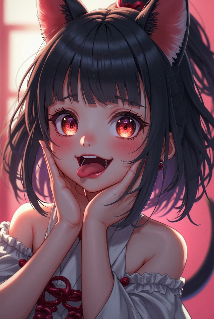 handjob,side view,eye-level shot,face focus,open mouth,tongue out,cum on tongue,lick,(1girl,Beautiful 14 year old girl),((Slender,Small breasts,Baby Face,Small face,)),looking at viewer,Black Hair,bangs,two side up,Gray Eyes,Drooping eyes,slit pupils,narrow eyes,collarbone,black t-shirt,off-shoulder look,Black and red checkered short skirt,Beautiful and detailed anime art,Mischievous smile,Dimly lit room,Simple Background,Gray background,Low lighting
