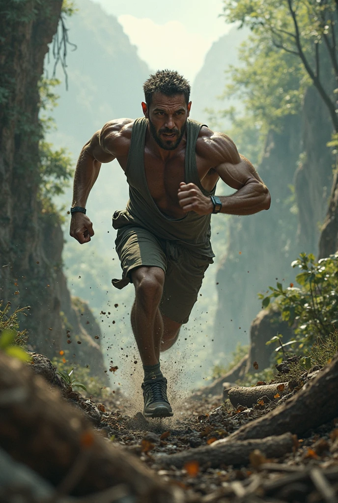 a man lost in dense jungle, chasing by mysterious creature, detailed portrait, beautiful eyes, sharp facial features, muscular body, intense action pose, cinematic lighting, moody dark color palette, dramatic atmosphere, unreal fantasy concept, highly detailed, hyper realistic, 8k, masterpiece