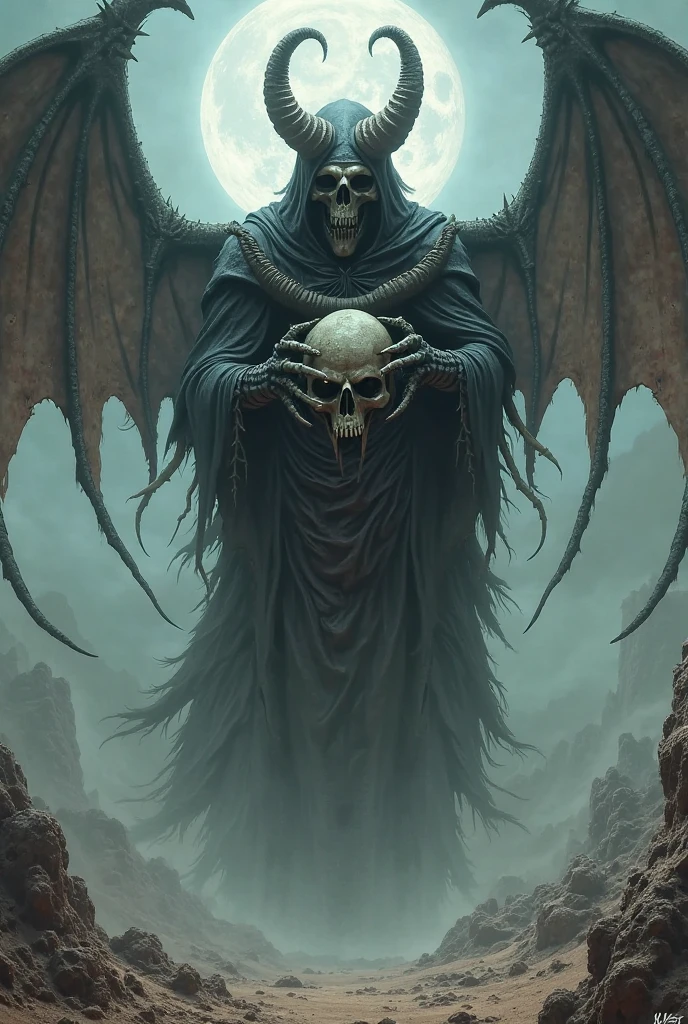 A skeletal monstrosity cloaked in tattered robes, its bones fused with sharp, metallic implements. The Bone Harvester is digging up graves in an ancient, fog-covered graveyard, surrounded by grotesque bone sculptures