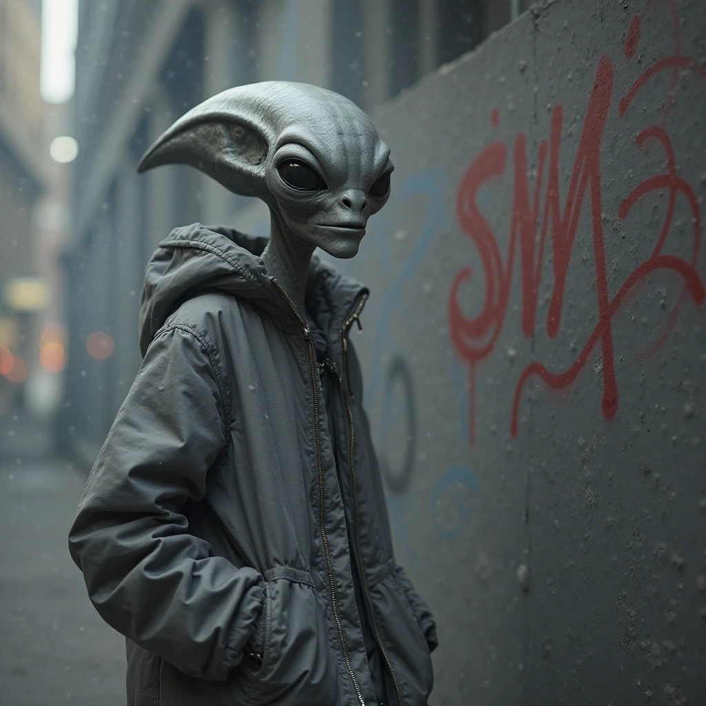 8k、Ultra HD、Horror-themed movie stills,Standing ominously in the center of town、A short, skinny old man with a big head、Alien-like head