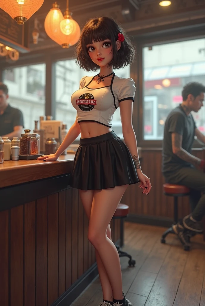 highest quality)), ((masterpiece)), (detailed),, sexy, Ultra-high resolution, (Realistic:1.4), RAW Photos, One Girl, indoor, View Audience,, (White skin), short hair, ,whole body,Black Hair,Korean beauty face、Slit eyes,、Dress code: tank top、mini skirt、Cleavage、Butt、