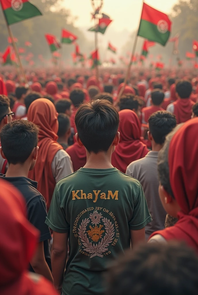 The painting could depict a vibrant street scene in Dhaka, with students leading a protest, holding banners that symbolize unity and Bengali nationalism. The backdrop could feature iconic landmarks, with murals on walls reflecting the spirit of non-communal harmony, highlighting cultural symbols like the Bengali alphabet and traditional motifs. The overall composition should convey the energy and determination of the youth in shaping a unified, inclusive Bangladesh in 2024.