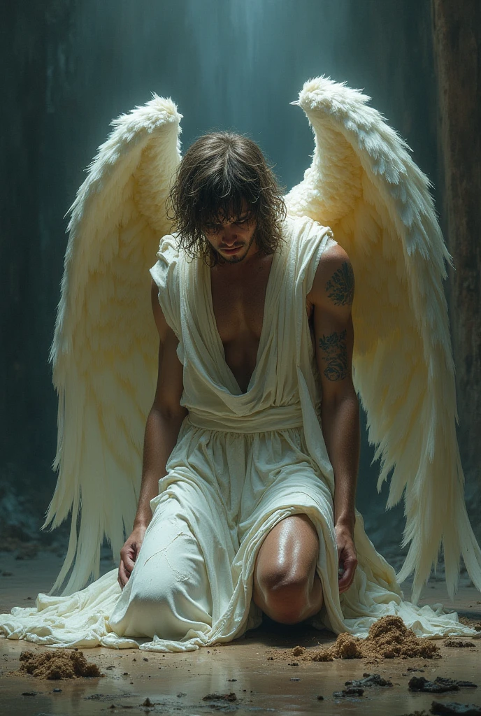 A very bulging male angel sits with his legs spread open to show his target.