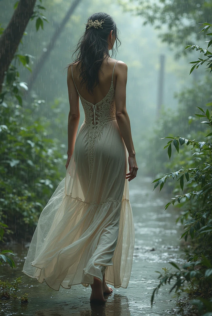 Daisy Ridley, ((( super heavy and gigantic breasts )))  super heavy gigantic breasts highlighted, stuffed forward,, doing chest stretches, standing in the heavy rain, wearing an (long tight white dress 