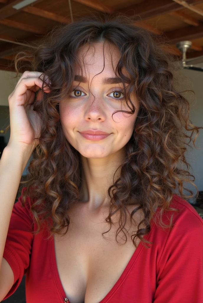 There's a woman with long curly hair and a blue top, seu rosto emoldurado com cachos, cabelos cacheados claros, Justina Blakeney, sem maquiagem cabelo ondulado, cabelos escuros cacheados, cabelos cacheados, Kaitlyn Michelle Siragusa, foto do snapchat, franja encaracolado, com longos cabelos cacheados, cabelo encaracolado curto escuro sorrindo, cheeky smile with red lips, messy curly hair