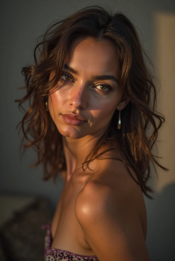 analog raw upper body photo of a beautiful model leaning on a brick wall, topless, sexy pose, realistic skin texture, freckles, haze lighting, 35mm, 8k, UHD, masterpiece