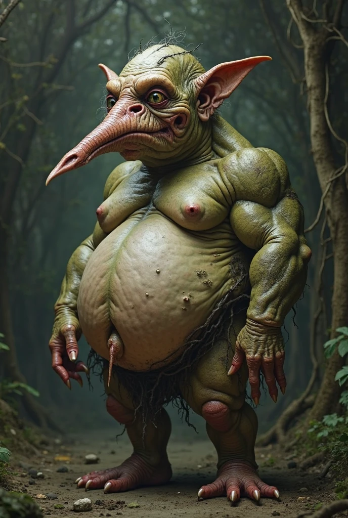 a tall goblin, hairy, muscular, speedo, BIG belly, swollen intestines, prominent belly, pointed ears