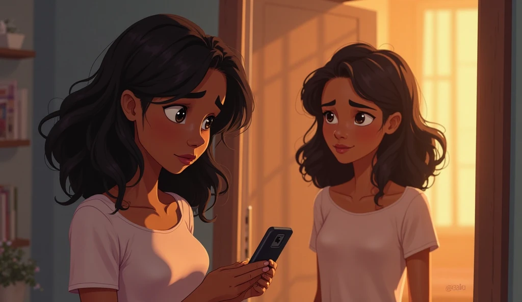 Create an image that on the right has a man talking in love on the phone, with black hair and casual clothes, then separated from the left by a wall, and on the left there is a young, friendly, dark-skinned woman, also talking. by phone.