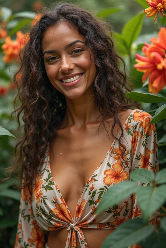 A Brazilian woman in a lush tropical garden, wearing an open shirt with a floral print, with a close-up capturing the harmonious beauty between her breasts and the natural flowers, showing off your natural charm and outgoing personality. short shorts