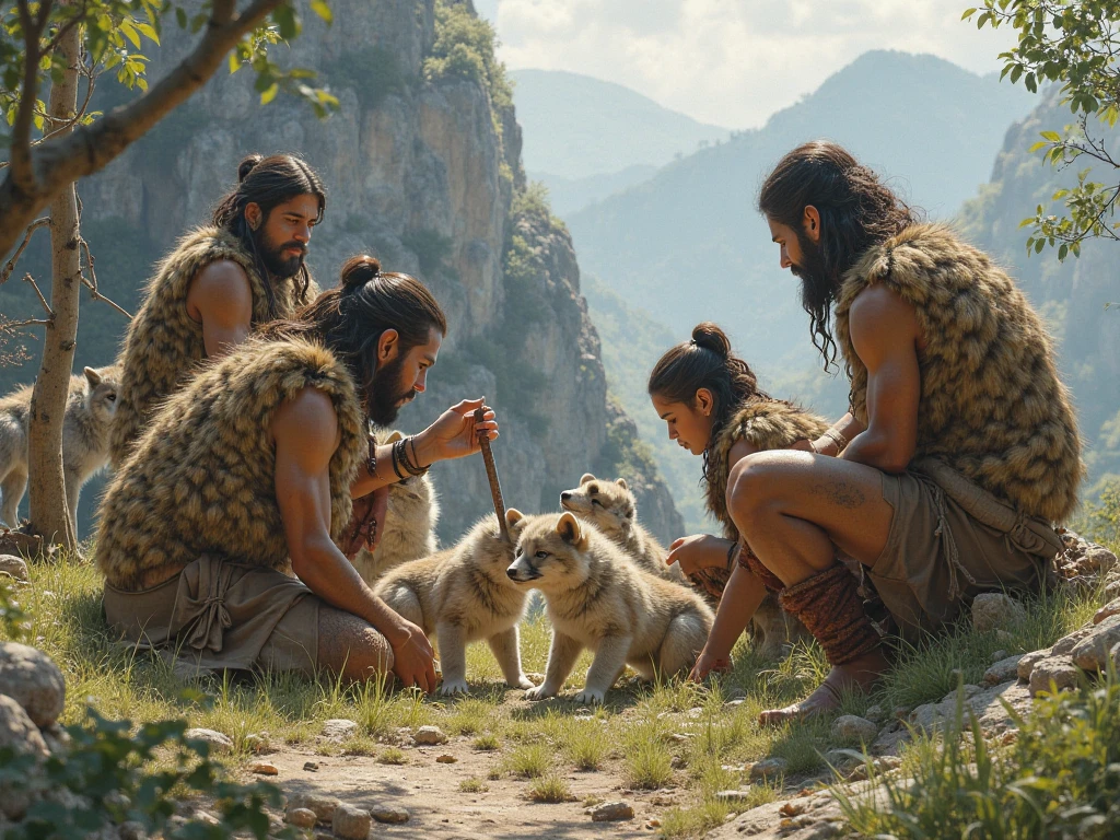 Neanderthals communicating with dogs，（Neanderthal sitting on the ground：1.3）Domesticated animals，Prehistoric humans，Humans 60,000 years ago，Wolfdog，grassland，field，wilderness，author：Randolph Caldecott, (Watercolor, masterpiece, Line Art, Illustration Art, Professional line art, Super complex and detailed, Chinese painting，8K:1.3)