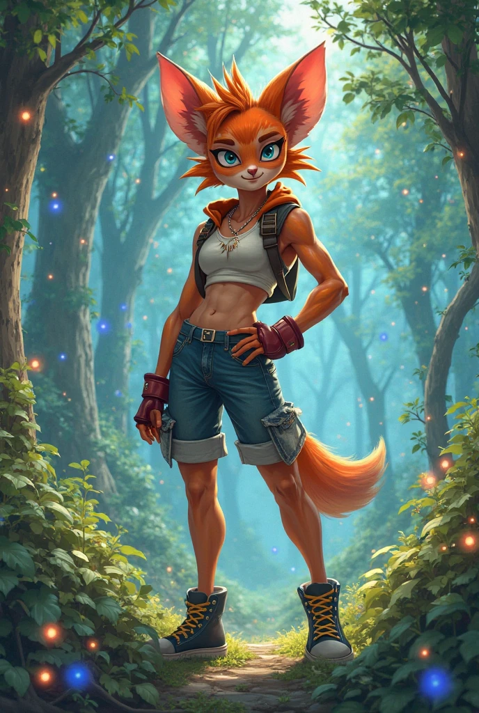 Megumi Bandicoot, furry, capri pants realistic textures, crop top, midriff, happy furry smile, detailed forest background, high res, sun rays, river