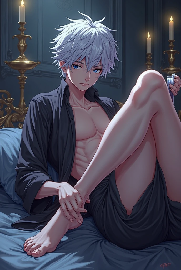{best quality}, {very aesthetic}, {ultra-detailed}, {best illustration}, nsfw, {{1boys}}, bl, Boys love, gay, homo,anal,sex,long hair,anal,open legs,Completely naked,Silver Hair,blush,Semen from anal,Semen from the ass,Erect penis,Semen all over the body,,Semen dripping into anal,Completely naked,Slim body,beautiful,Hiding eyes with both hands,Eyes hidden by bangs,Long Bangs,Hold your legs with your hands,Fox ears,Fox Tail,look,Anal Pearls,Eyepatch on both eyes,Decorative eye patch,Restrained by chains,Semen dripping on skin,Rope marks on skin,sex,Inserted,()
