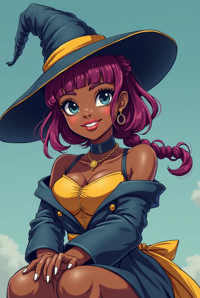 Witch Woman, black skin, curly hair, witch hat, black and purple corset, mini skirt, black boots, black and purple striped tights, flying on a witch's broom, Witch clothes, witch outfit, brown skin woman flying sitting on a witch's broom