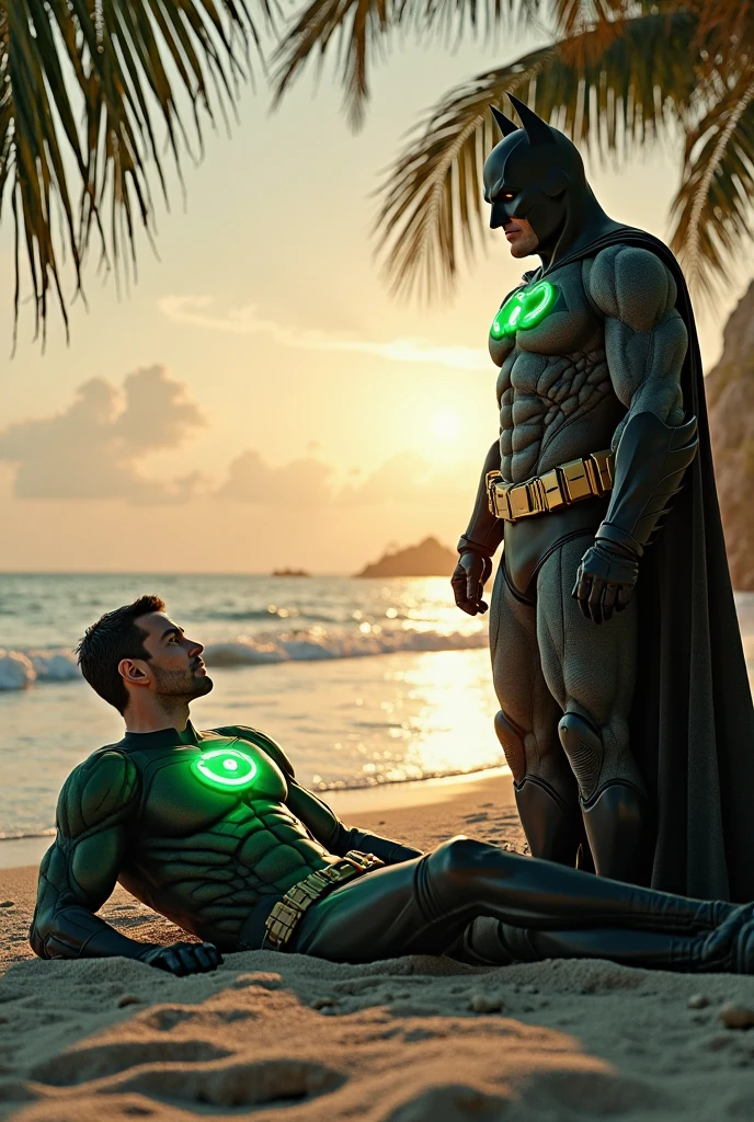 Beachside Batcave: A 4K photorealistic image of a 25-year-old man donning a green Batman mask, white spandex top, and gray board shorts. He poses heroically on the sandy beach, waves gently lapping at his feet, as water splashes create a dynamic sense of movement. The sun casts a warm glow, with intricate details on the Bat-mask and costume shining in high definition. Vibrant colors pop against the ocean's blue backdrop, while dramatic clouds gather above, evoking a cinematic atmosphere that transports viewers to this beachside Batcave.