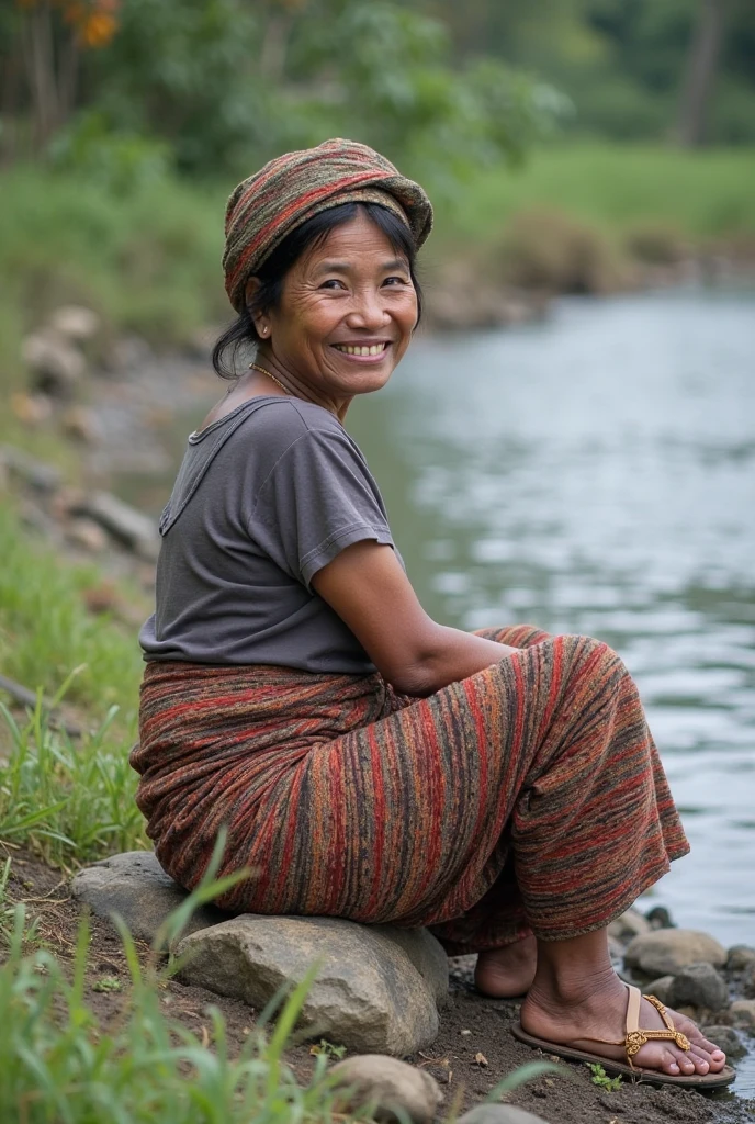 Photorealism 1.4 realistic realism high detailed definition Malaysia native aboriginal orang asli old women curly messy hair crossing river river stream dark skin weaver backpack smile faces jungle big river wearing loose shirt accessories on hair flower wearing sarong