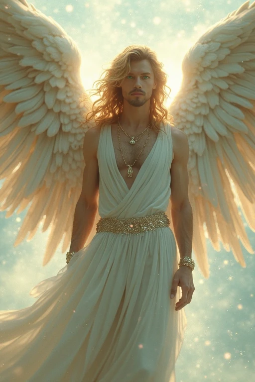hyper-realistic, tao, who is 2, white race, male characteristics, der schönste tao, medium length brown-blonde hair, short full beard, blue-grey eyes, angel beauty, angel, eyes hunting, Hot body, sexly, passionate, shirtless, Arms outstretched, enveloped by beam of light, blessing healing gesture