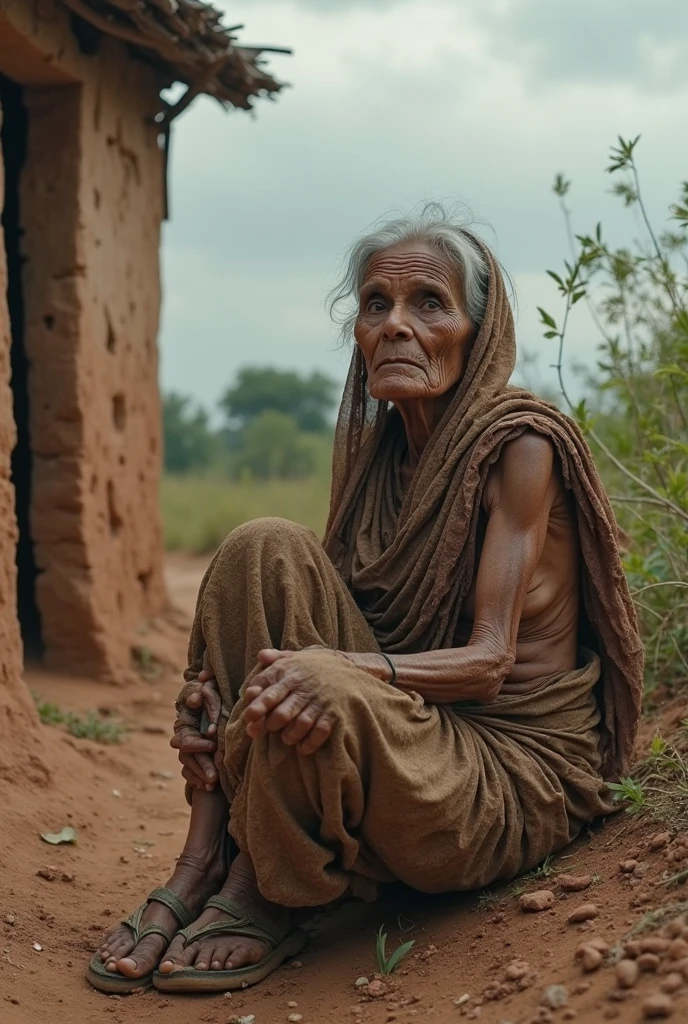 A poor Indian old woman wearing worn dress and sitting infront of her hut