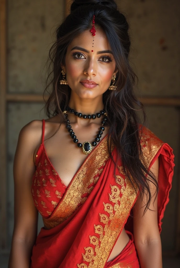 wolf cut hairstyle erotic hindu wife, standing far from canera, full body from head to foot,  front facing to camera, wide angle camera 8K, super realistic, huge big breast, super big fake lips red lipstick super delicious body saree bra sexy body 