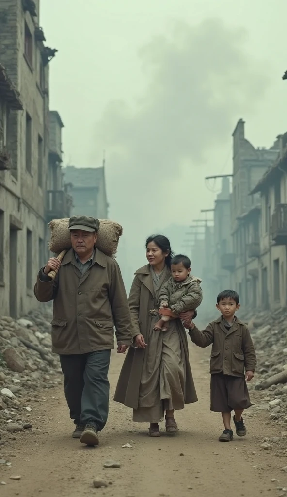 The image shows an overhead view of a korean family of four standing on a cracked, desolate sandy street under a giant shadow. The family, consisting of a father, mother, and two children, looks up towards the camera. The father, dressed in a dark jacket, is carrying the youngest boy child in his arms, while the mother, wearing a light brown jacket, stands beside them holding the oldest son's shoulder. The atmosphere is ominous, with dark shadows and debris scattered in the air, adding to the sense of danger and foreboding. The background shows a city in decay, with dilapidated buildings and a barren landscape. Large, dark strokes, possibly representing wind or sound effects, are drawn across the image, amplifying the tension and unease.
