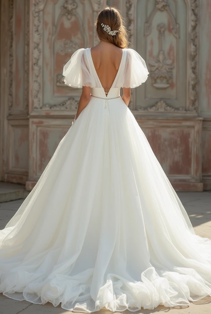 It's a wedding, The bride has blue eyes and jet black hair, Her dress is diamond white, with a corset full of rhinestones and lace, with a U-shaped back, From it comes a lack of organza and tulle fabric that maintains that princess cut without losing its sexy, It has dropped sleeves that give it a tender touch, a three-meter veil with embroidery that matches the dress, The image must be full body and from both sides