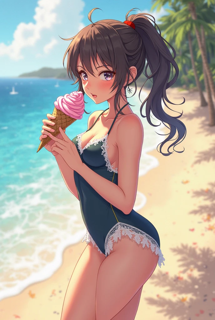 photo-realistic, a cute twelve-year-old japanese girl, wearing a micro bikini and high heeled sandals, squatting, holding a lollipop