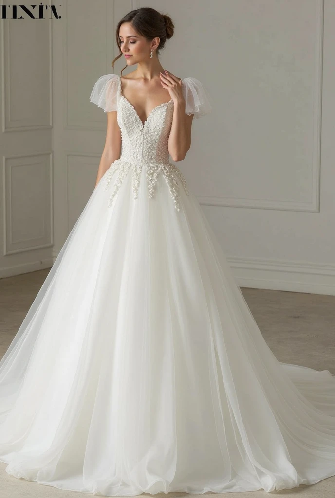 full-length ,wedding dress with plenty of details like 3D flowers, pearl beads, and fine lace. Using soft colors like ivory