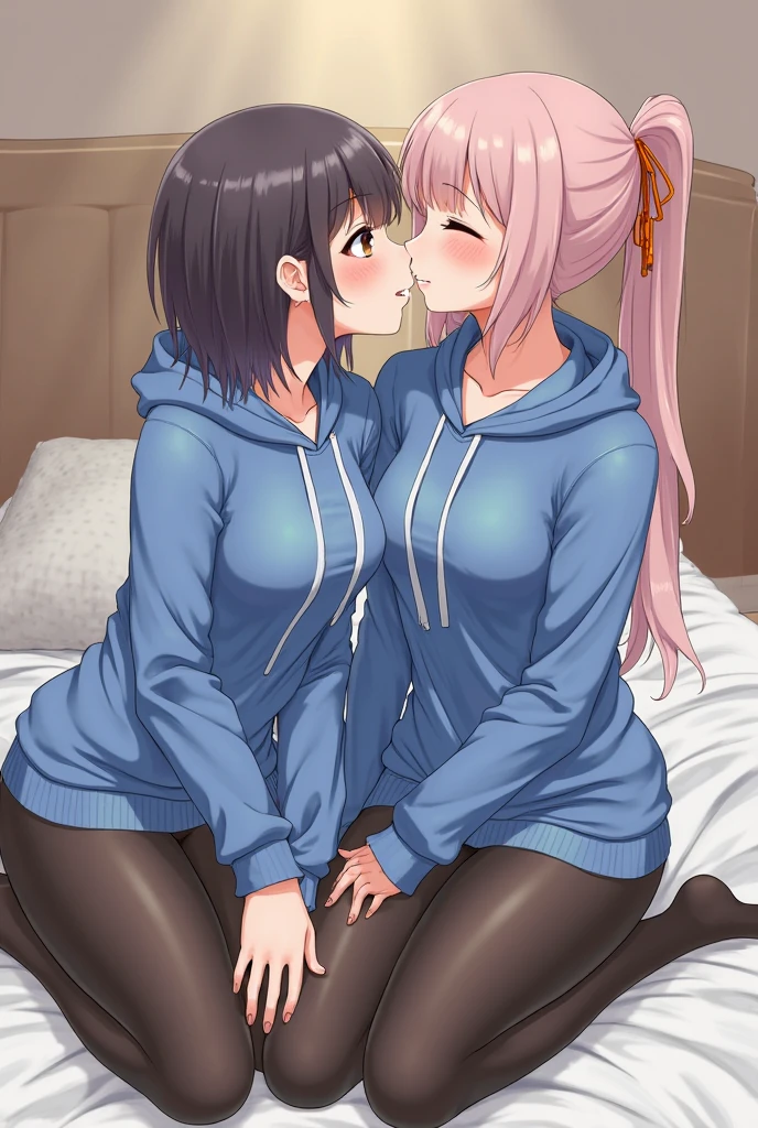 2girls,girl1:bbw、adolable,Black hair,Bob-cut hair,rcasual、Kisses and hugs、stare、NOWAI、Girl 2:adolable,A pink-haired,Long grey hair,rcasual。Kisses and hugs、stare、NOWAI