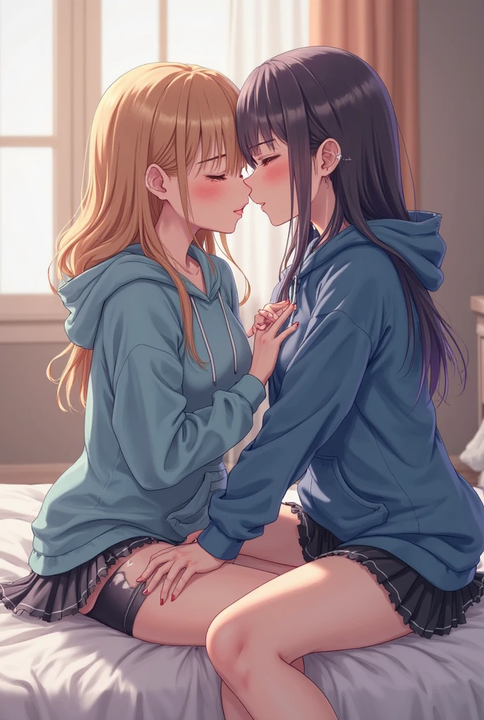 lighting like a movie、Deep kiss of two women、a room、(brunette color hair、white panties)、embarrassed from、Wearing sweat、full of sweat、(The blonde、Pink panties)、