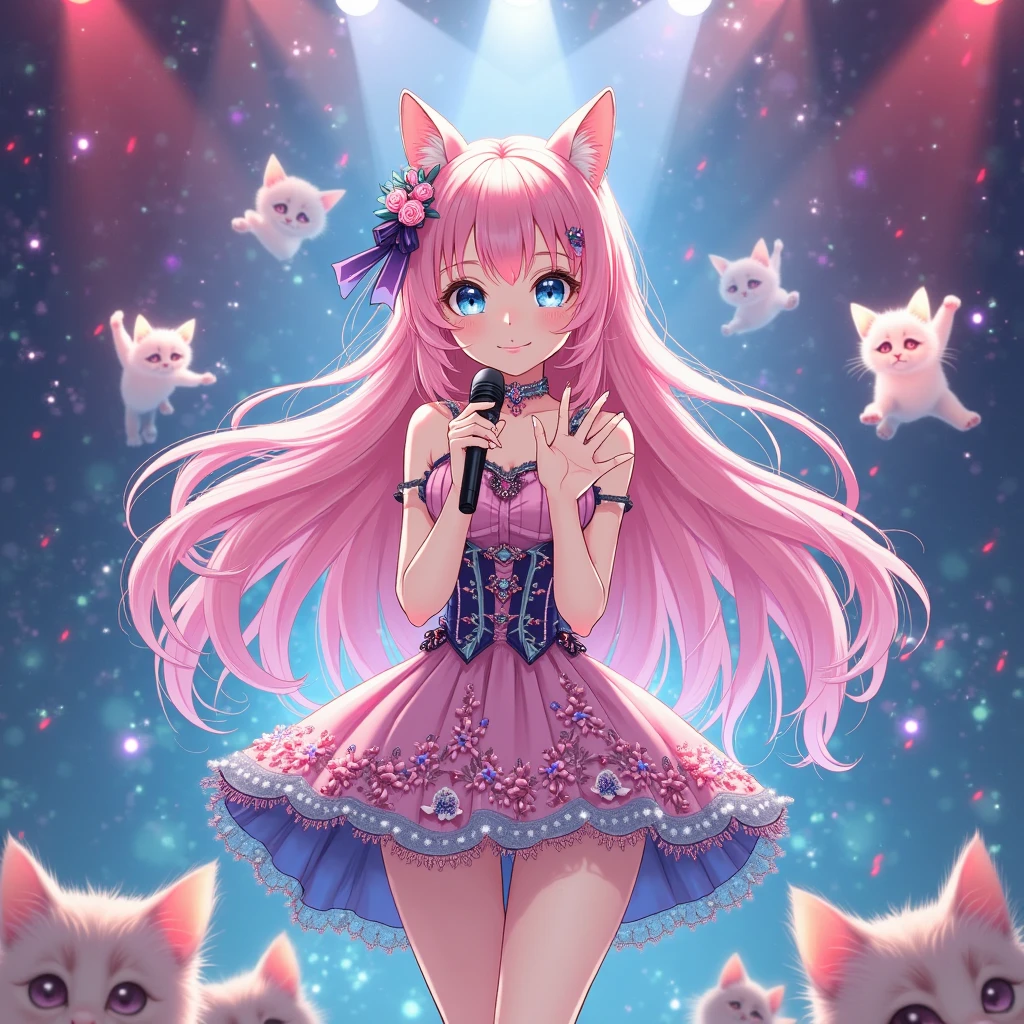 A magical girl with anime aesthetics who is an idol with long white hair and cat ears and tail., wearing a short skirt and with a microphone in her hand singing