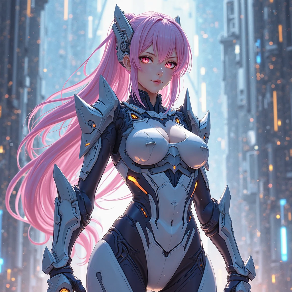 transgender girl, waist up, ssmile, beautiful lighting, deep shadow, best qualityer, Masterpiece artwork, ultra high resolution, アニメ, space armor, standing alone, neckleace, Detailed beauty. face perfect, pink eyes, pink hair, big hair, perfect female body, breasts big, happy expression, illuminated environment, shopping street, Waist slender, realisitic, NSFW, white and blue colored armor, super detailed face, rosto angelical, super detailed image(wall-paper), work of art, space warrior, little clothing, wide hip, ssmile fofo, cuteness, cute face, cute transgender girl.