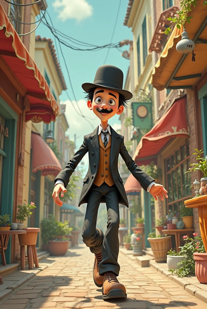 Um filme inspirado na Disney Pixar (MENINO NEGRO JOVEM COM CABELO LONGO CACHEADO PRETO E OLHOS PRETOS) dentro A cena estar na arte distinta do estilo PIXAR, HE'S DRESSED IN THE CLOTHES OF A WINE MAGICIAN AND TOP HAT PRESTA AND HE'S IN A CIRCUS