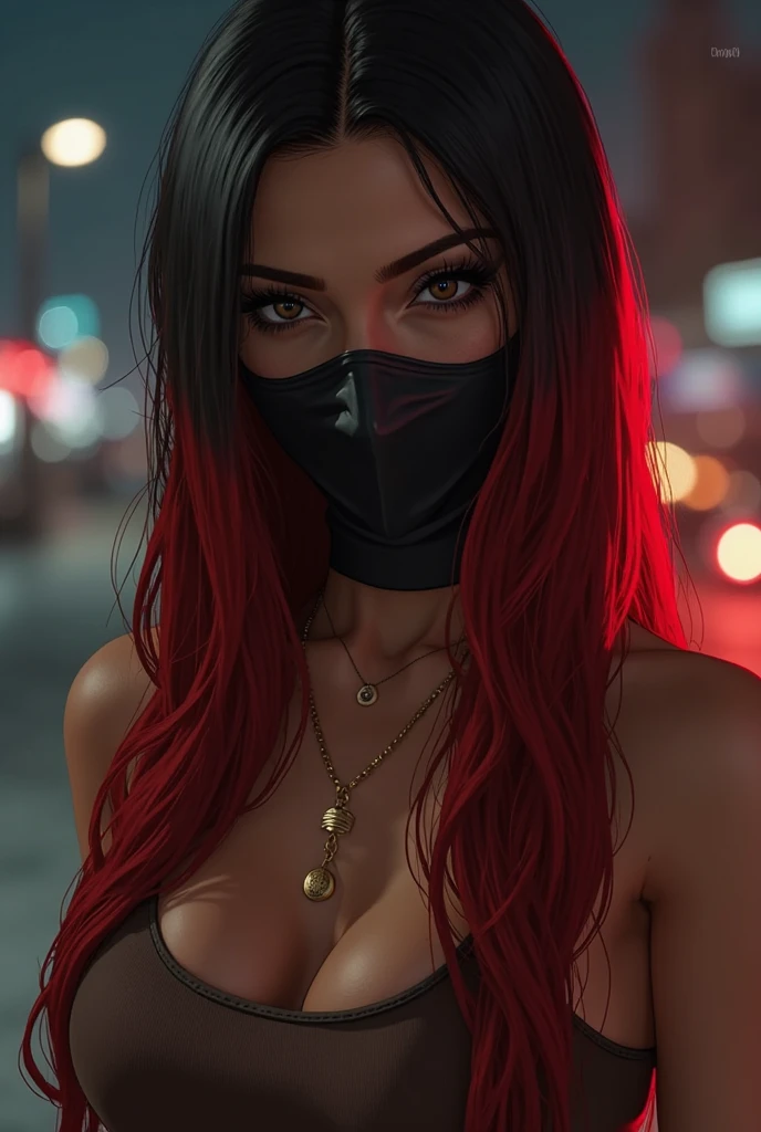 ((Very beautiful girl)), 8k, Young beautiful girl, ((dark red hair)), red long hair, with bangs, complex makeup, big breasts, ((perfect breasts)), ((medical mask on mouth)), black medical leather mask, ((big expressive black eyes)), big eyes, ideally beautiful girl, jewelry, glitter, ((perfect hands)) beautiful perfect figure, glowing belt, ((in cyber suit)), Background: neon, night, Washington, city, police car lots of details, neon lighting, contour neon lighting, ((sitting on road)),