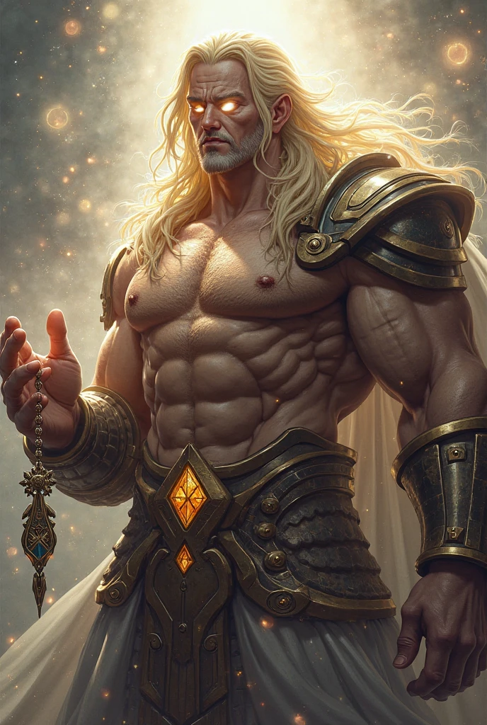 Create an 8K ultra HD digital image of a majestic giant, muscular, golden-haired Aasimar, long and braided, in the castle's inner garden. The Aasimar has silver eyes and golden skin. He is dressed in royal attire, including a green velvet cloak with gold and silver details, Adorned with magical jewels that glow softly. He wears a golden crown with precious stones, gold bracelets on her wrists and a magical amulet around her neck. In the inner garden, the Aasimar wields the Sword of Zeus. The sword is made of celestial gold and emits golden rays, with divine inscriptions along the blade that shine brightly. The hilt of the sword is adorned with small rays and lightning., symbolizing his supreme power. He holds the sword in a serene pose, ready to protect the nature around you, while electric sparks dance around you. The Sword of Zeus is known for its ability to control thunder and lightning, and an aura of divine power emanates from her. The indoor garden is an oasis of natural beauty, with leafy trees, exotic flowers and a crystal-clear water fountain that gently bubbles. Stone paths wind through the garden, offering quiet places for reflection and peace. The image should capture the beauty and tranquility of the indoor garden, highlighting the Aasimar and its interaction with the Sword of Zeus.