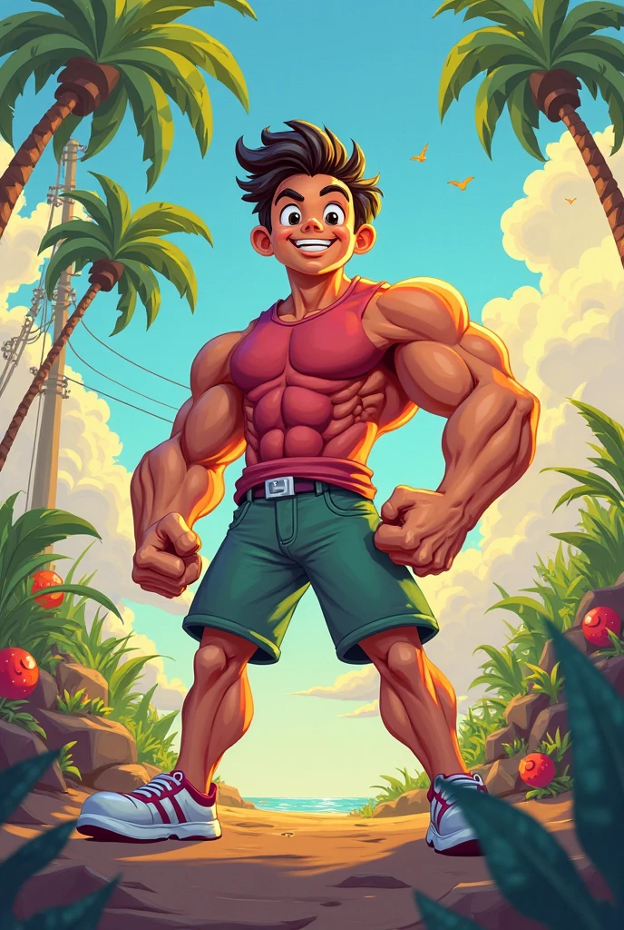 score_9, score_8_up, score_7_up, rating_explicit, source_anime, guy, navel, faux hawk cut, grin, spread legs, apple tree, shrub, waterfall, manly