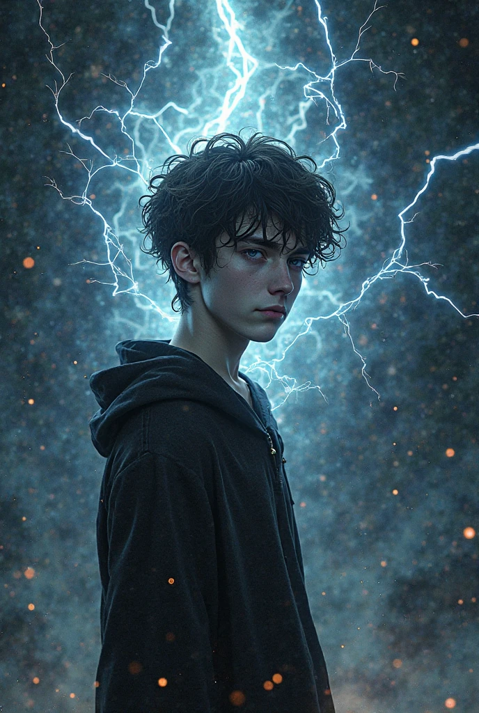 A young man with long black hair wearing a black and white hoodie, electricity arcing across his body, detailed facial features, 1boy, intricate details, highly detailed, cinematic lighting, dramatic, photorealistic, 8k, hyper realistic, award winning photography, chiaroscuro, moody, dark, atmospheric, dramatic lighting