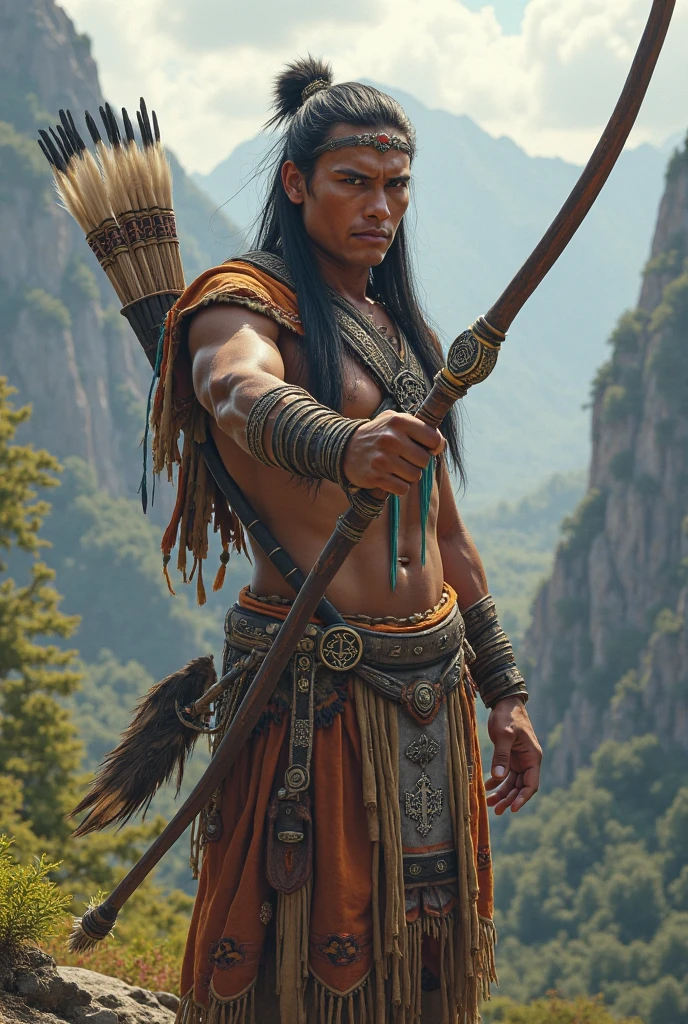 masterpiece, highest quality, high resolution, solo, Aztec Native Liu Kang, sitting in a traditional aztec setting, wearing intricately designed feathered headdress and loincloth, muscular physique, sun-kissed golden skin, aztec warrior, fierce expressions, holding a ceremonial blade
best quality, masterpiece, ultra high res, (photorealistic:1.4), raw photo, (Authentic skin texture:1.3), (film grain:1.3), outdoor, character portrait, very wide shot, broad shoulders, intricate tattoos, (smoke or fire in background, low key lighting)
masterpiece, top image