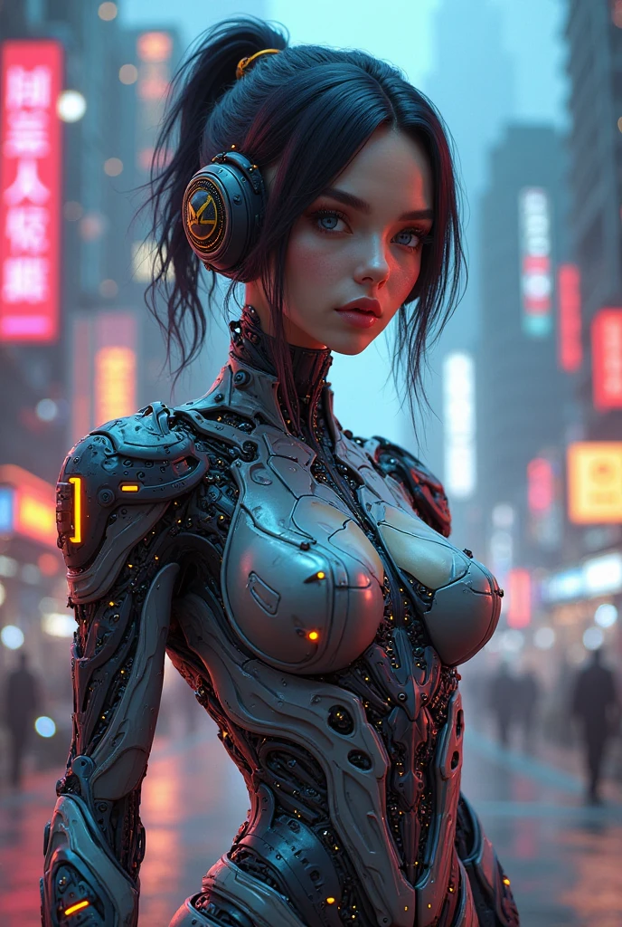 a woman with futuristic cyborg body, intricate mechanical details, glowing neon cyberpunk implants, bioorganic textures, steampunk gears and pipes, dramatic lighting, Pixar-style character design, intricate digital painting, cinematic composition, vibrant colors, masterpiece