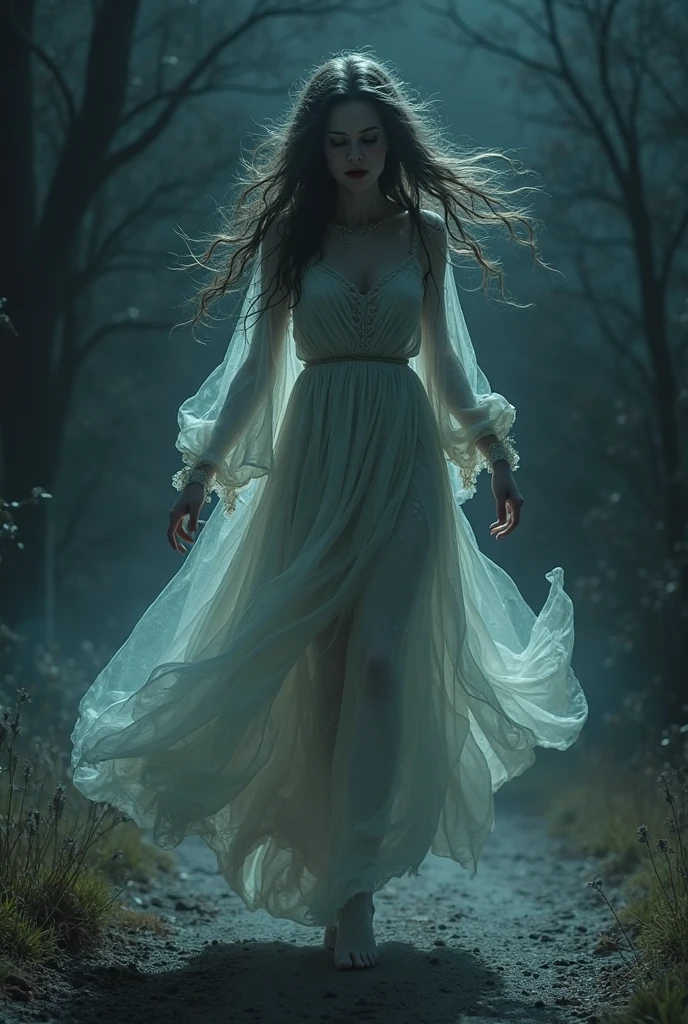 Ghost of a long-haired Japanese woman wearing a white kimono. Her face is hidden by her hair. A scary horror that attacks.