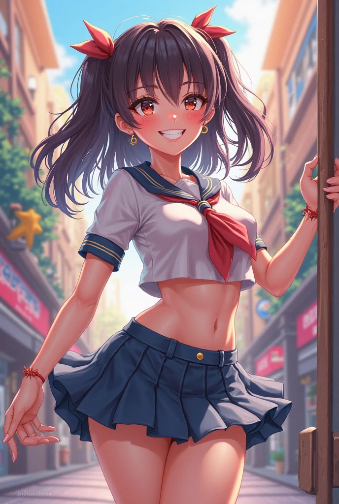 masterpiece、top-quality、1girl in, (colourfull),(Beautiful eyes and magnificent face reflected in every detail)、电影灯光,Highly detailed CG Unity 8K wallpapers, A dark-haired,独奏,A smile,Double Mini Pleated Skirt,Sexy sleeveless、((Balloons)),Street corners in Greece、sun shine, Fantasia,a navel、Beautiful waist、high socks、espadrilles、primary colours、High brightness、(Lower breast)