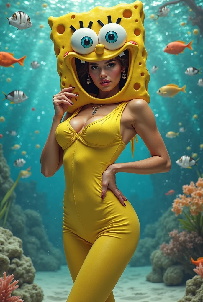 A sexy 13-yr Australian girl is wearing transparent frog head helmet sexy full body details figure, wearing transparent one piece Bikini lifting up plump pussy , wavy pink short braided hairstyles from the flow water, ((having tail splashing))( goblin ears))(frog hand)) (accurate details of hands & fingers)) hard errect nipples, open legs squat position,exposed pussy line, exposed panties, exposed pussyline, smiling with teeth exposed. Sparkling green eyes, charms, face details & fucos skin texture colored yellow, swimming under the ocean showing corals, urchins, fish, turtle, whale, bubbles of air for accurate background masterpiece ((with full yellow frog skin textured all over her body)) (( has gills)) swimming with ocean current waves under the sea