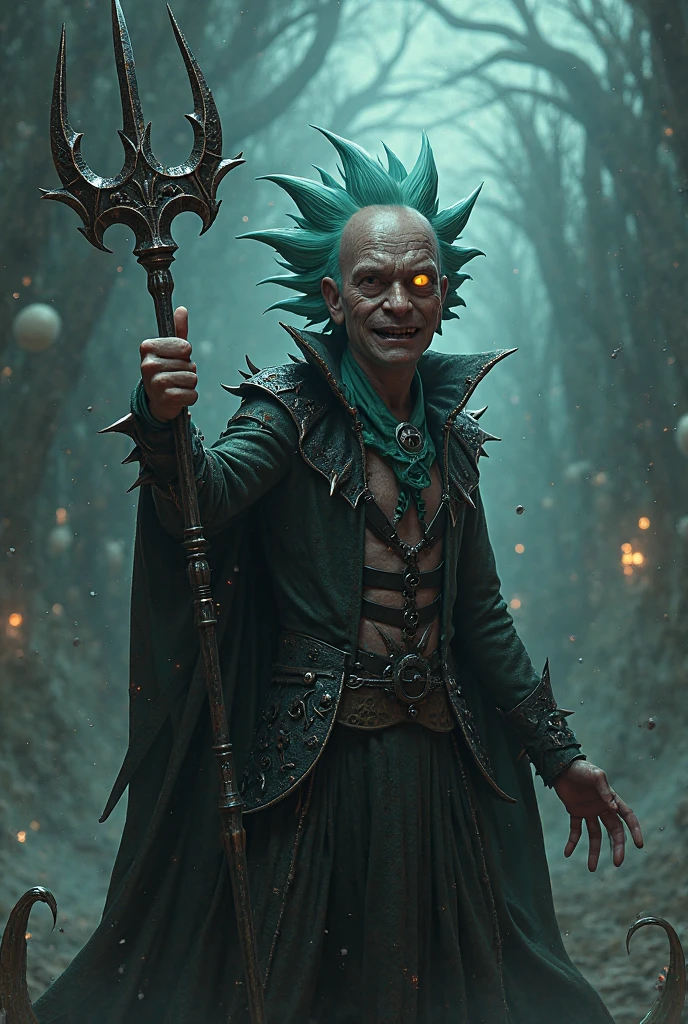 sakuya, magicpunk style, incredibly absurdres, concept art, best quality, perfect lighting, illustration, vanishing point, sitting, looking at viewer, mature male character, 1boy, (no mouth:1.3), male focus, masculine, green hair, Dyed Bangs, sparkling eyes, wearing (fantasy style crotch plate and shin guards:1.1), field of wheat, finely detailed background, amazing background