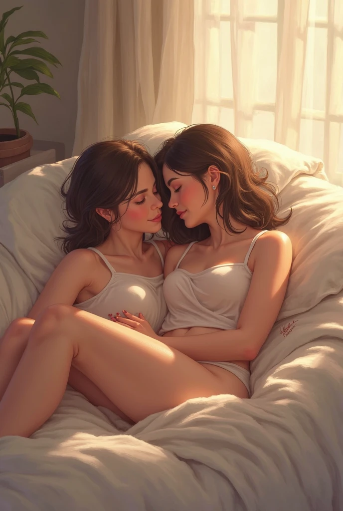(Completely naked:1.4), Realistic,2 girls,Hugging each other while sleeping,Bedroom,look at me,Smiling Kindly,