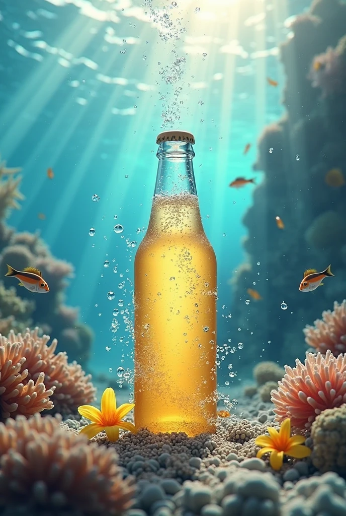 Craft a mesmerizing visual that combines the essence of a refreshing lemon juice bottle with the vastness of the sea. Picture a scene where the bottle is partially submerged in the water, with half below the surface and half above, mirroring the blend of zest and refreshment it offers. Against the horizon, a majestic royal navy ship sails gracefully, while dedicated fishermen cast their nets in pursuit of a rich catch. The sun radiates overhead, casting a warm glow on the scene, as a flock of birds soars through the skies, and clouds drift gently on the horizon. This captivating image captures the fusion of nature's elements with the essence of the lemon, a harmonious balance of refreshment and maritime splendor."
