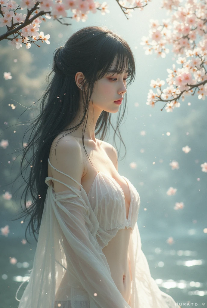 loose outfit、Show shoulders、Navel Ejection、How to wear a gown with a dark see-through halter neck broken、Decorated with intricate patterns and pastel colors、Transparent material that makes the skin shine、Artistic depiction of seductive woman in gown with wet thin cloth and transparent skin, Floral and fantastic pattern with flowing silky traditional see-through skin。Her dress draped elegantly around her curvaceous figure、Emphasizes her charming silhouette。She's a gentle fireworks night、Dynamic Posing、Sexy Posing、bathed in the soft glow of moonlight。The scene is、With a hint of mystery and sensuality、It exudes an ethereal dreamy atmosphere。The image style is、Incorporates a blend of watercolor and digital illustration techniques.、It makes you feel delicate beauty and charm。Soft moonlit lighting、Cast gentle highlights and shadows on her mesmerizing features。Dynamic Posing、Bold poses、The hand is somewhere、see -through、show through、A sexy、Wet hair、Wet、cherry trees、flower petals、cherryblossom、The cherry tree、Sakura blizzard、buried、Transparent skin、Wet clothes、Chest Pulling、Translucent clothes、Eau、nudde、garterbelts、fishnet tights、huge moon