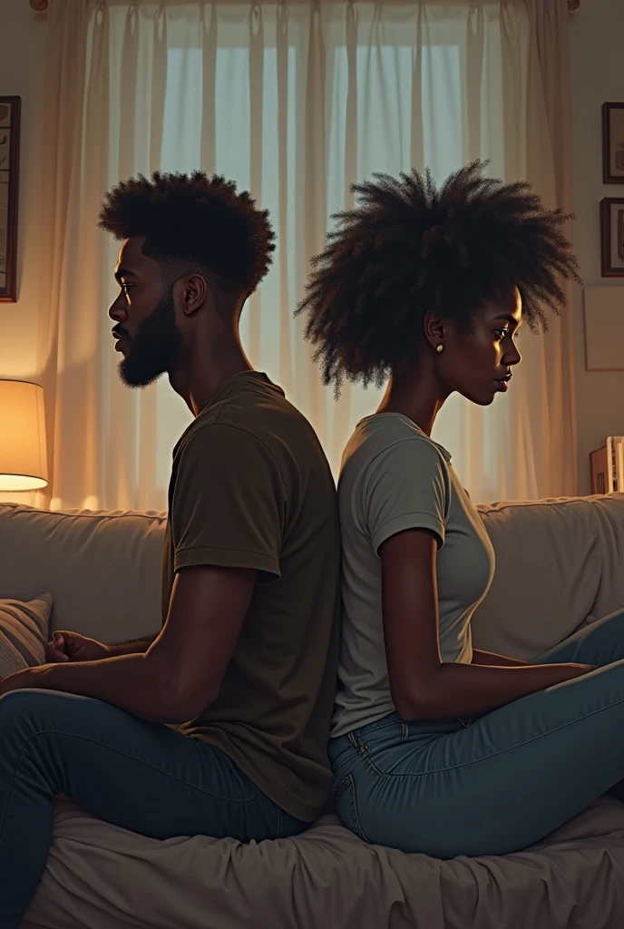 Create a realistic image of a Black couple engaged in a deep conversation. Highlight the details of the scene, emphasizing facial expressions, gestures, and surrounding elements that contribute to the emotional narrative. Ensure to apply a visual enhancement that accentuates the intensity of the interaction and conveys the authenticity of the connection between the characters. --auto --s2