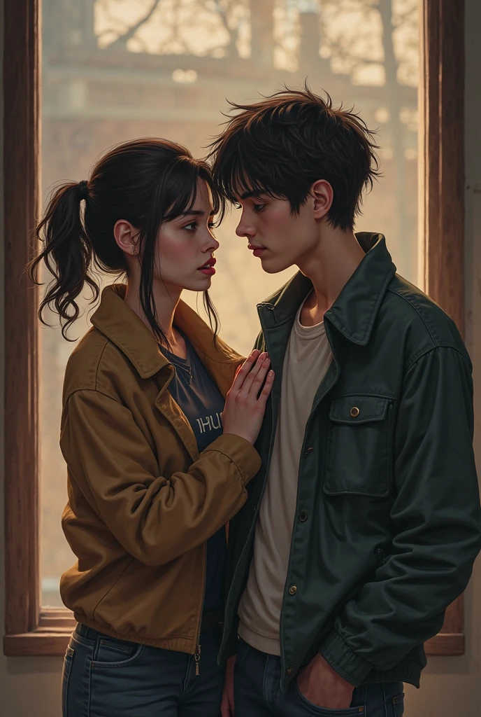 Male amd female hugging, female, ling brown hair and glasses, male black short hair, hug, caress, soft, sad, hugs, detailed picture, height difference, tall mature male, short adult female, mature female crying softly, tears, 