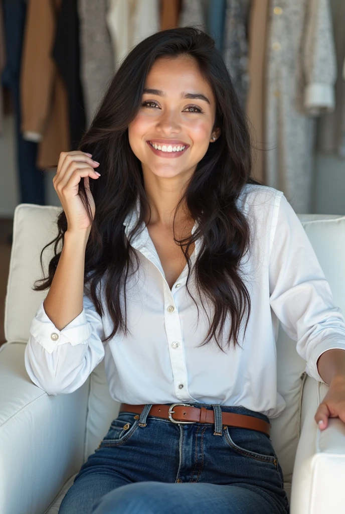 (1girl:1.2) , best qualityer, whole body, best qualityer, highres , dark hair, realistic texture, gorgeous face, soft skin, white blouse, Grinning, skin fair, standing in living Room, light skin, pale, facing the camera, 8K, smiling