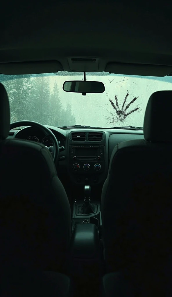 Create a ghostly creature, skinny, its body is lifeless, as if there was no blood inside, its black eyes are wide open and its mouth is wide open with giant, dirty teeth, sitting in the back seat of the truck, the image being seen in the rearview mirror